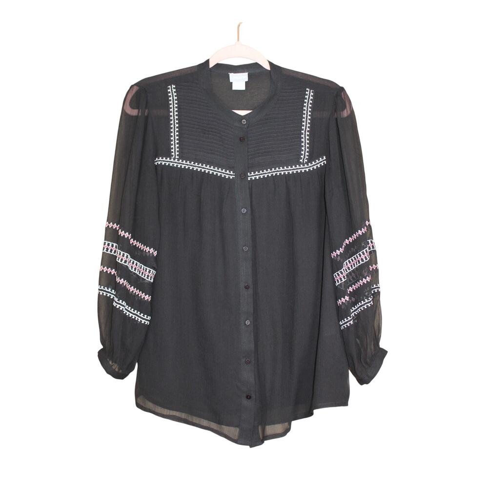 Chicos Black Chiffon Embroidered Button Up Long Sleeve Loose Blouse Top‎ Size 1